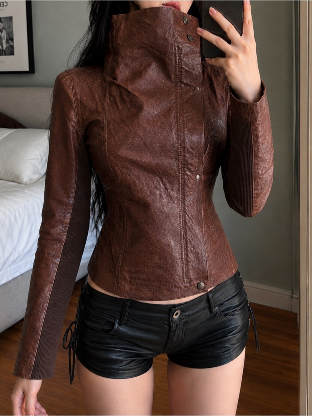 Vintage ONLY Brown Pigskin Leather Moto Jacket XS/S Y2K